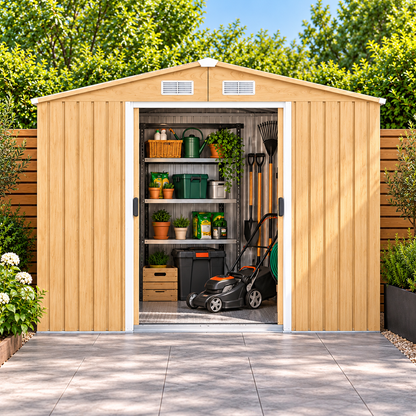 Abri de jardin 7 m² en acier galvanisé effet bois avec portes coulissantes et sol Hilair