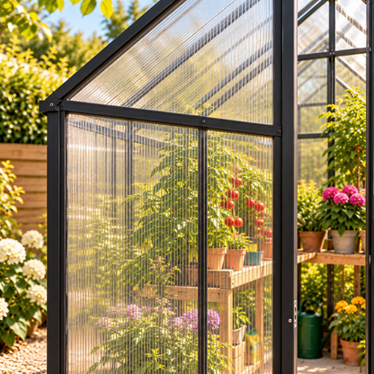 Abri de jardin 2,99 m² en polycarbonate transparent – porte et fenêtre réglable Hilair
