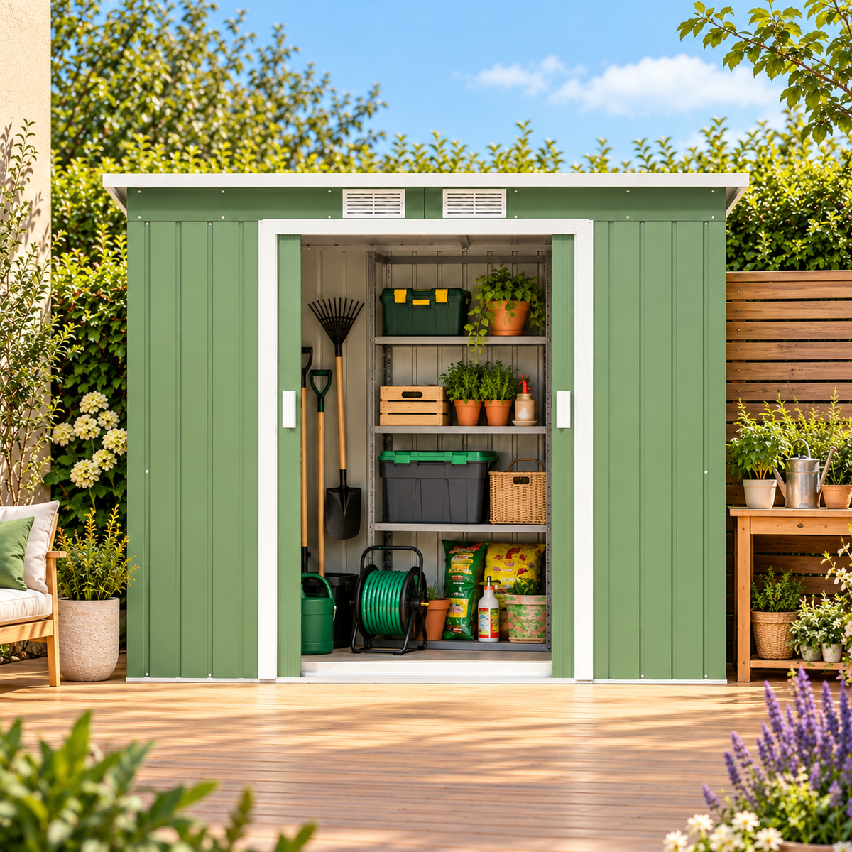 Abri de jardin 2,42 m² en métal vert avec portes coulissantes Hilair
