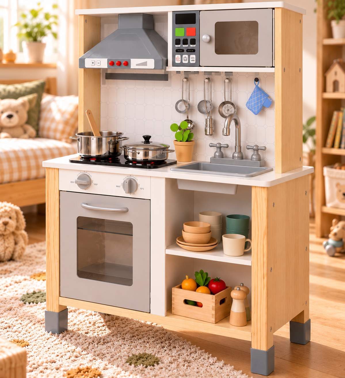 Cuisine Montessori en bois blanche réglable, lumières et sons, dès 3 ans Hilair