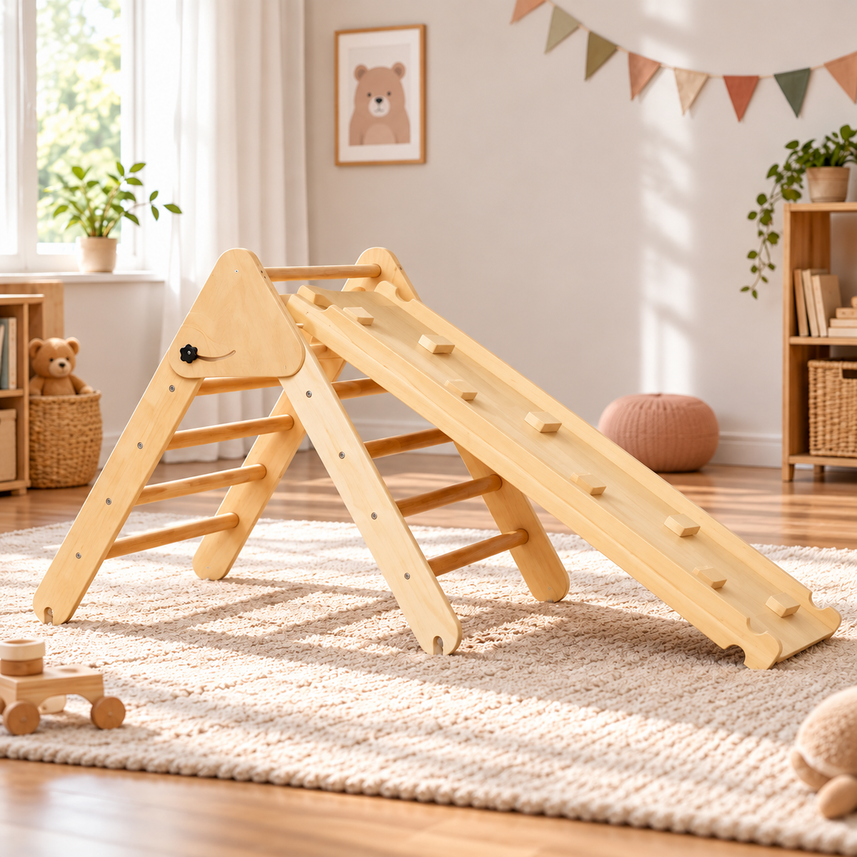 Triangle d'escalade en bois 3-en-1 avec rampe – vue 2