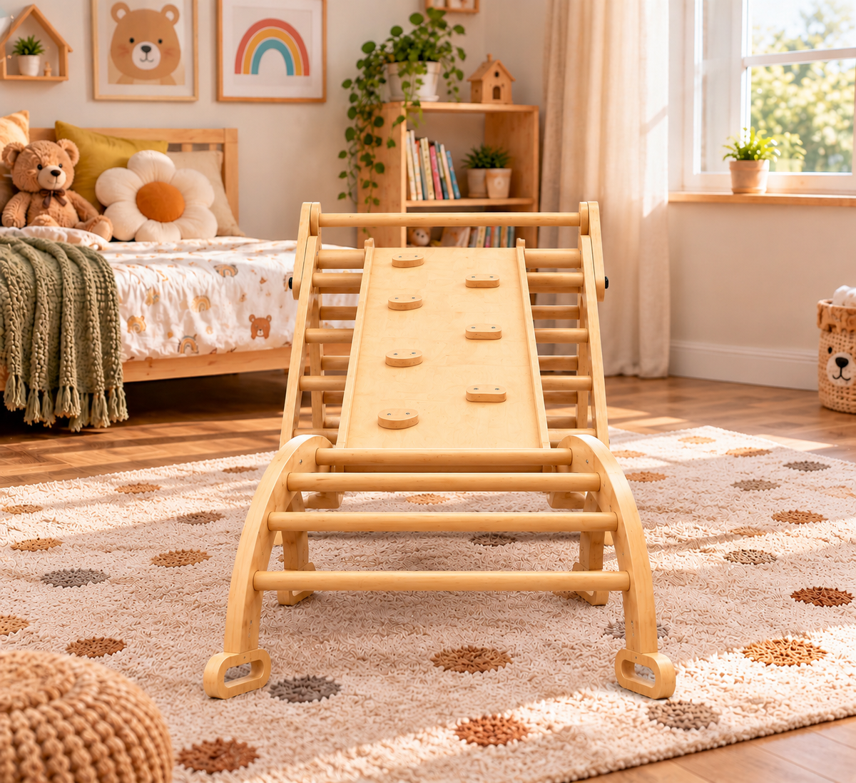 Triangle d'escalade Montessori pliable en bois 5-en-1, rampe et arche Hilair