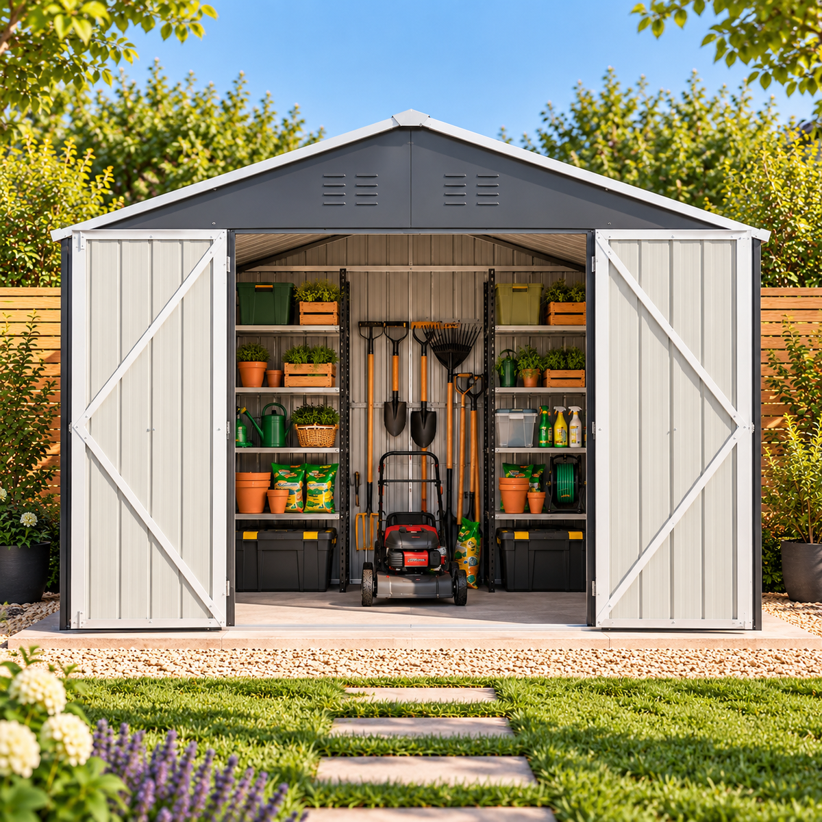 Abri de jardin 6,9 m² en métal noir avec portes coulissantes à clé Hilair
