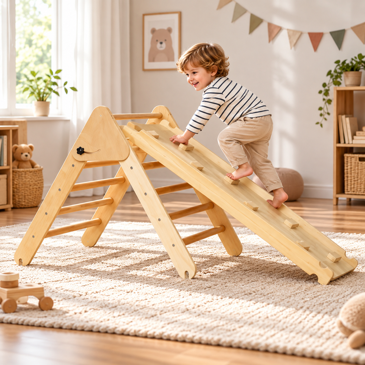 Triangle d'escalade en bois 3-en-1 avec rampe – vue 1