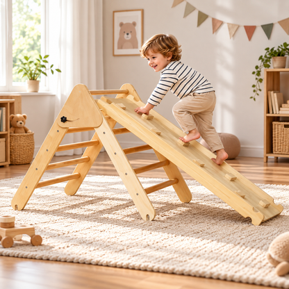 Triangle d'escalade en bois 3-en-1 avec rampe – vue 1