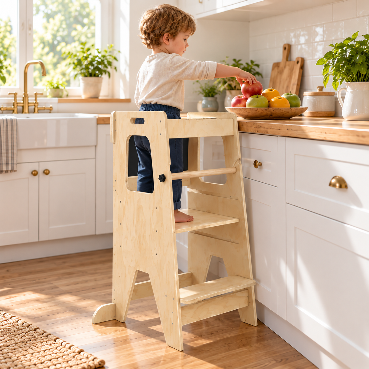 Marchepied de cuisine en bois réglable avec tableau noir et barrières de sécurité – vue 1
