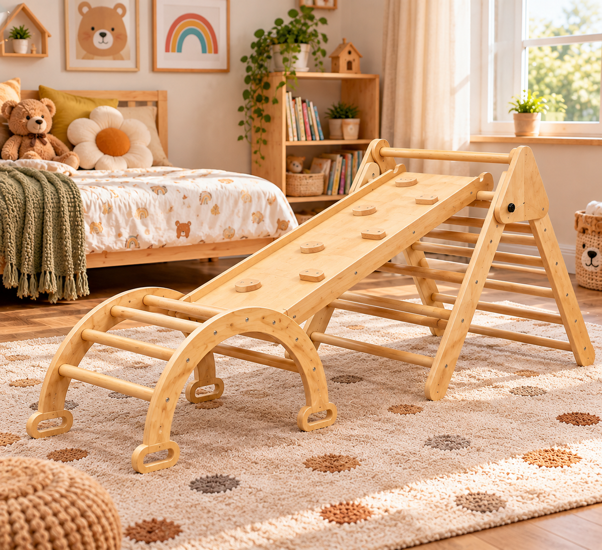 Triangle d'escalade pliable en bois 5-en-1 avec rampe et arche – vue 2