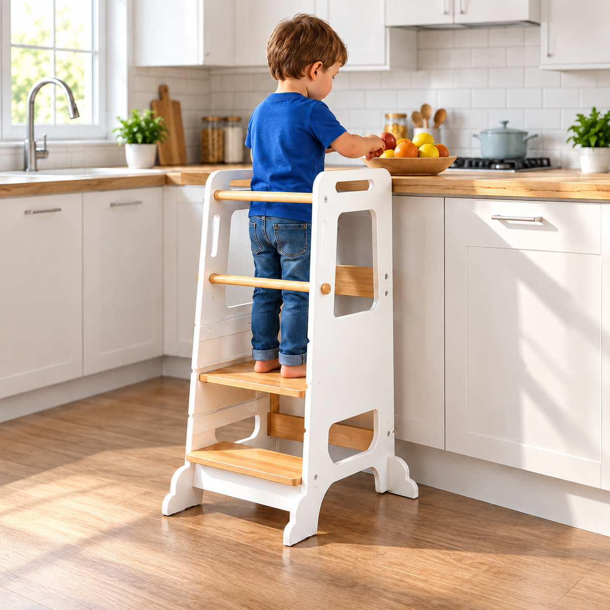 Tour d'apprentissage Montessori en bois blanche, réglable en 3 hauteurs – vue 3
