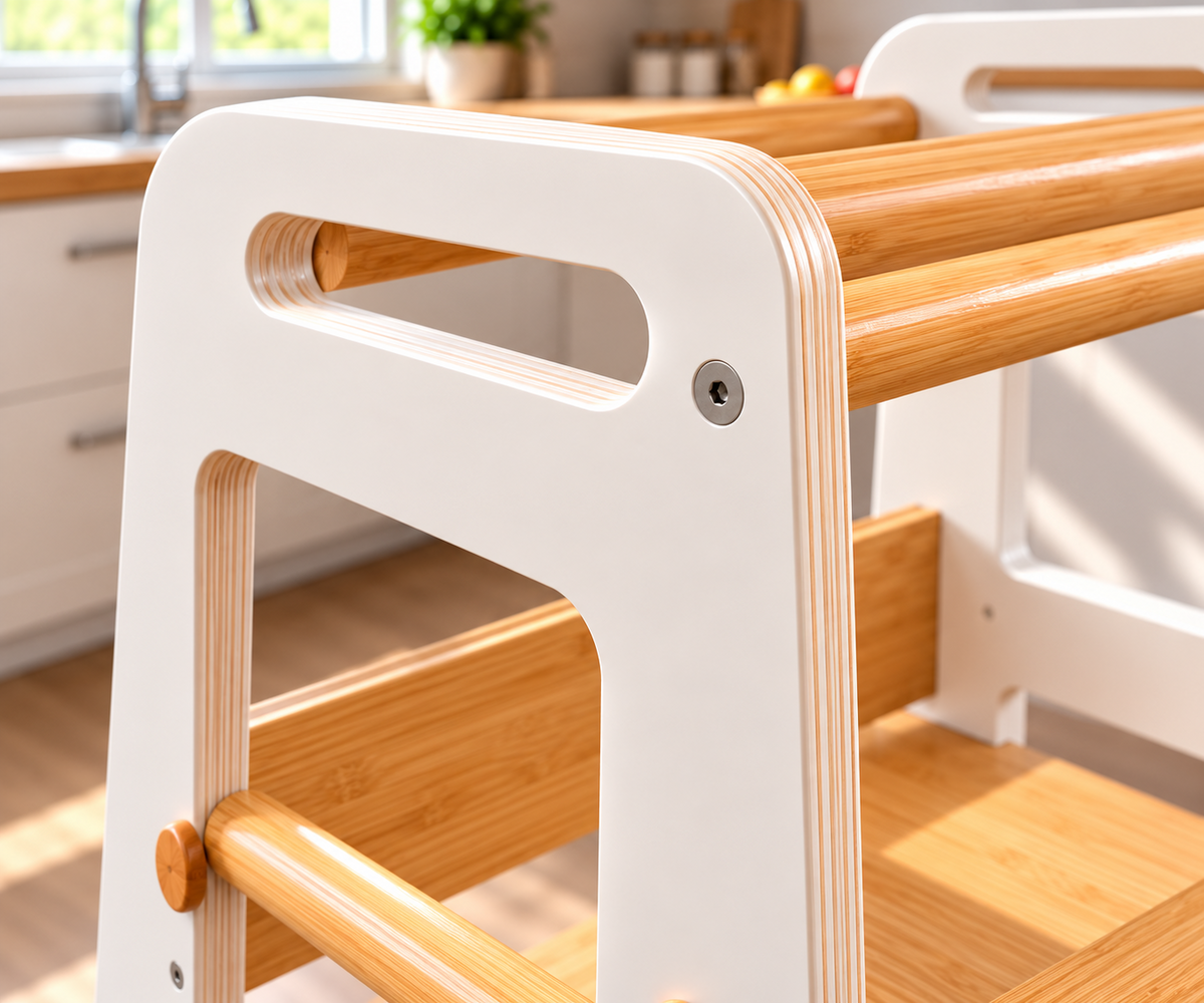 Tour d'apprentissage Montessori en bois blanche, réglable en 3 hauteurs – vue 5