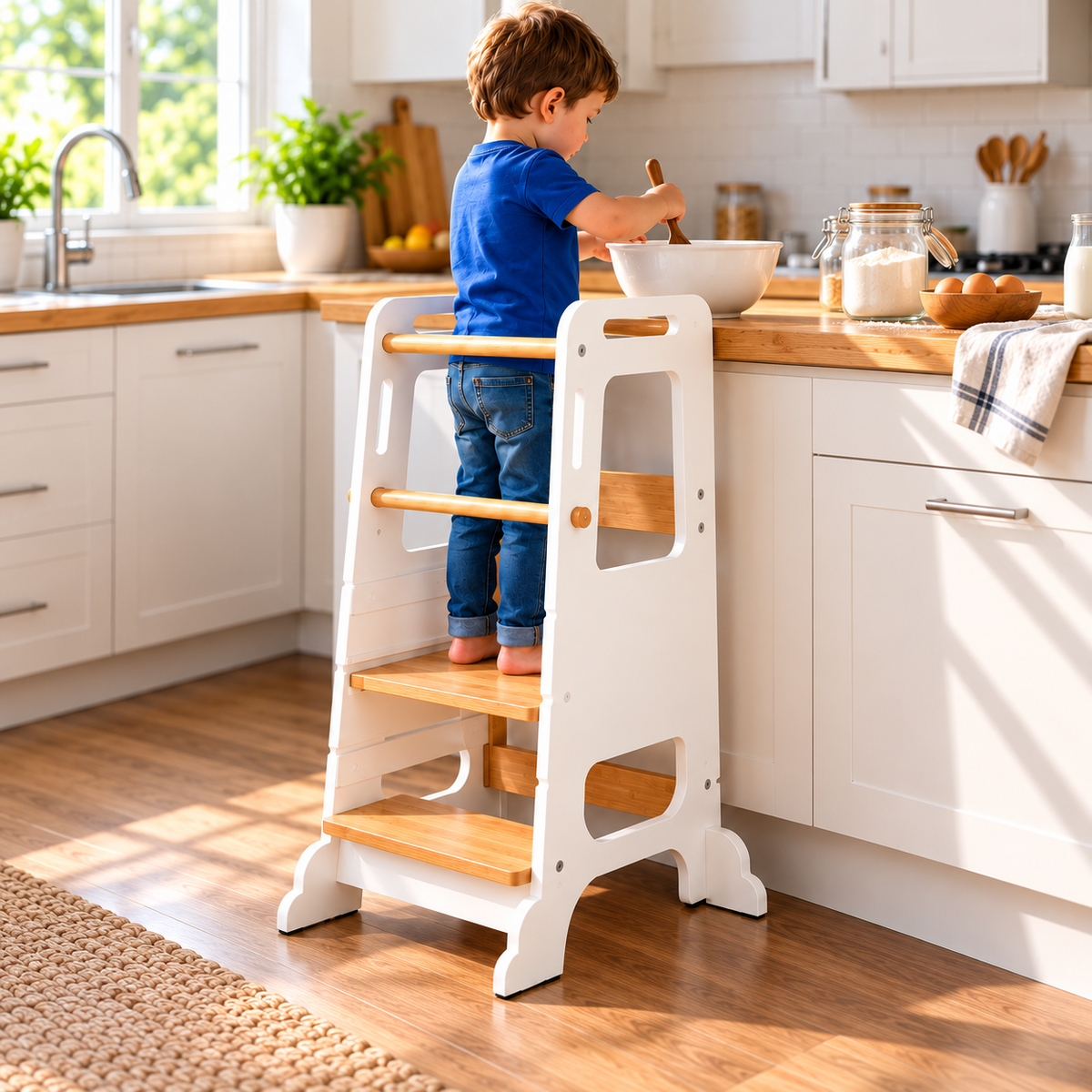 Tour d'apprentissage Montessori en bois blanche, réglable en 3 hauteurs – vue 1