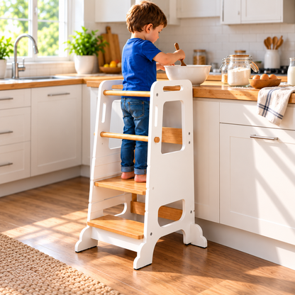 Tour d'apprentissage Montessori en bois blanche, réglable en 3 hauteurs – vue 1